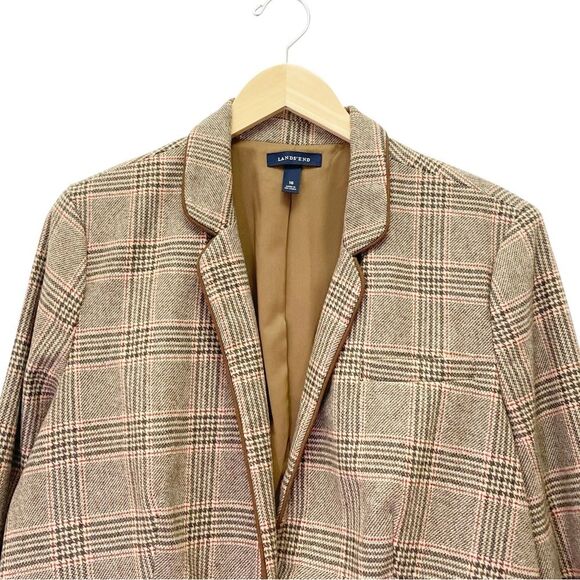 Lands End Glen Plaid Single Button Blazer Tan & Brown Leather Buttons Size 16 - Picture 9 of 15